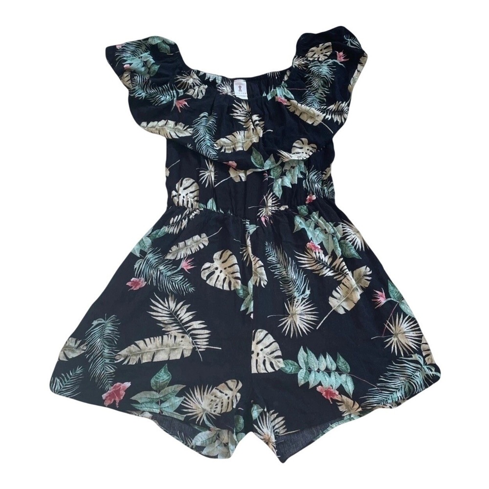 Lilian Tropical Print Romper Womens 0X Black Palm Leaf Off Shoulder Rayon Summer
